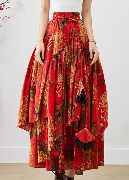 Loose Red Asymmetrical Print Cotton a Line Skirts Fall