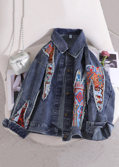 Blue Peter Pan Collar Patchwork Denim Coat Fall