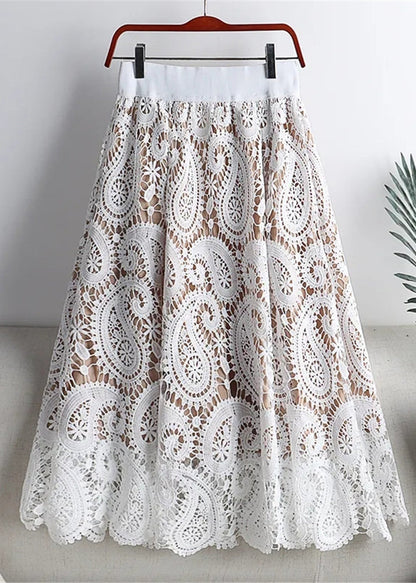 Beige Hollow Out Lace Skirts Summer