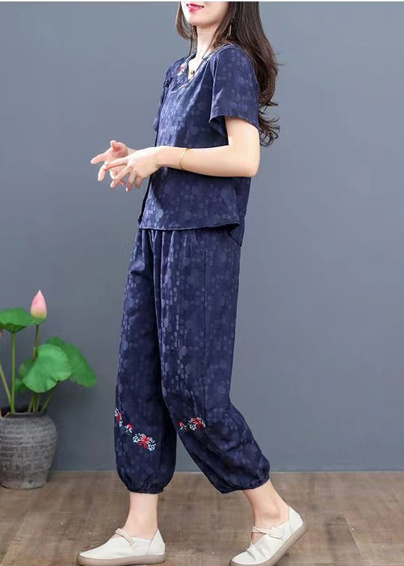 Navy Embroidered Cotton Two Pieces Set Summer
