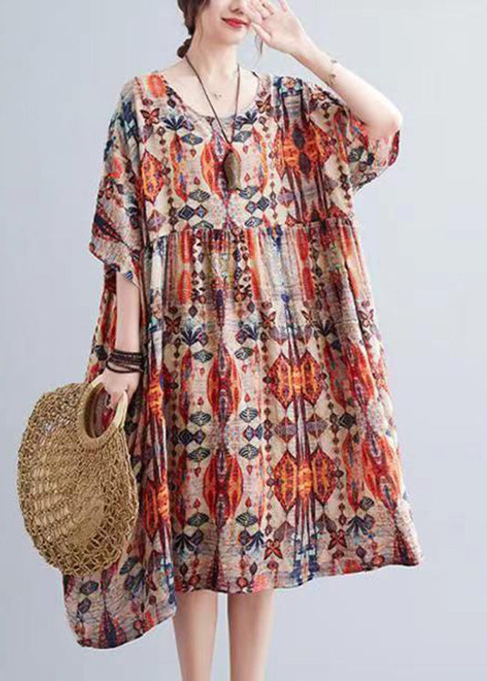 Orange O-neck Print Holiday Maxi Dress Summer