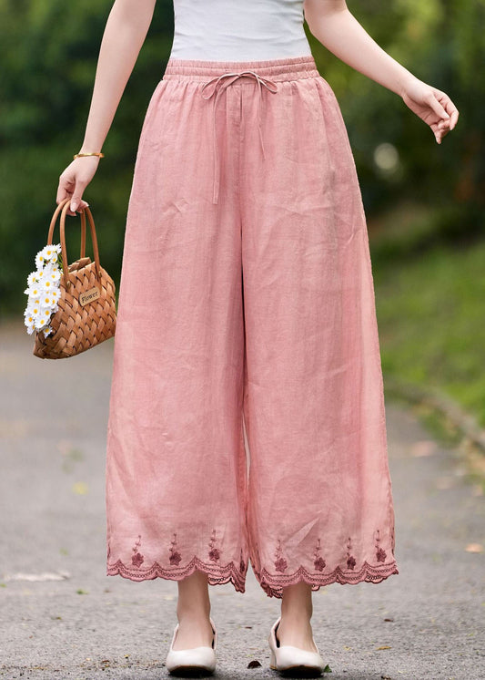 Pink Embroidered Elastic Waist Linen Pants Summer