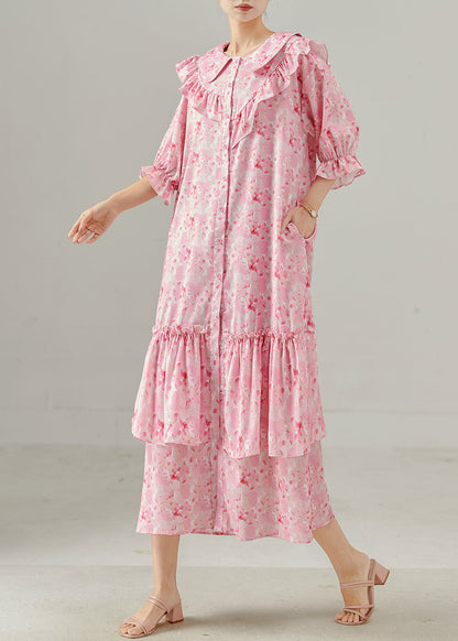 Pink Ruffled Print Chiffon Dress Spring
