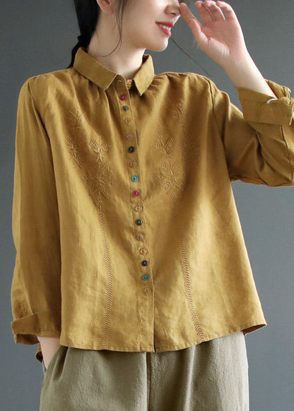 Yellow Peter Pan Collar Embroideried Linen Blouse Tops Fall