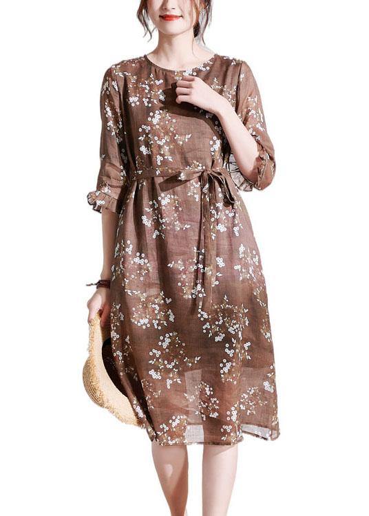 Chocolate Ruffled Patchwork Print Summer Ramie Dress Half Sleeve