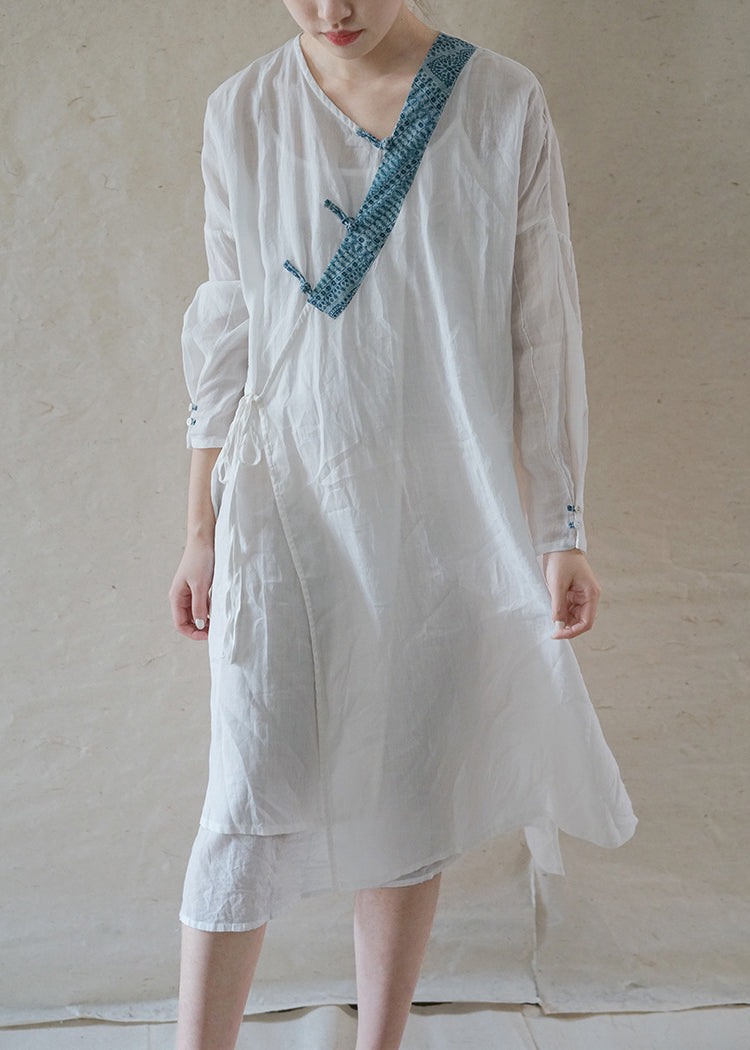 Art White Button Tie Waist Asymmetrical Linen Long Dress Spring