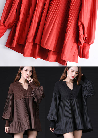 Red V Neck Patchwork Knit Pullover Spring