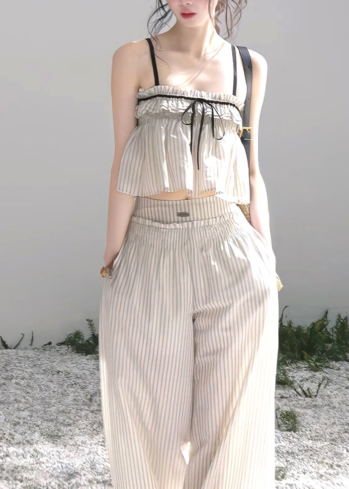 Modern Beige Ruffled Striped Cotton Bow Sets 2 Pieces Summer