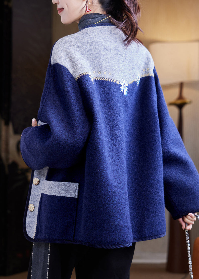 Navy Embroidered Button Woolen Coats Fall