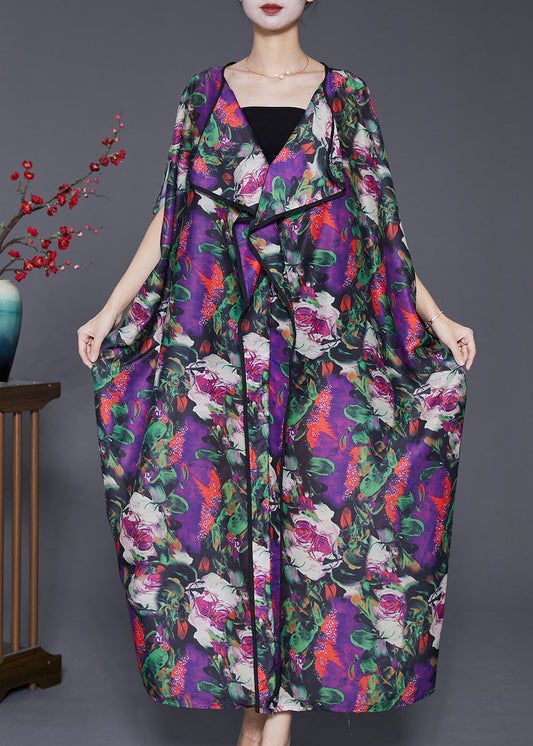 Purple Oversized Print Chiffon Long Dresses Batwing Sleeve