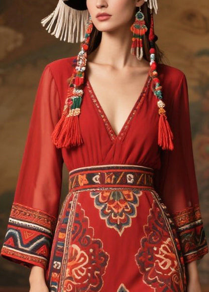 Style Red Print Patchwork Chiffon Long Dress Fall