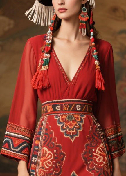 Style Red Print Patchwork Chiffon Long Dress Fall