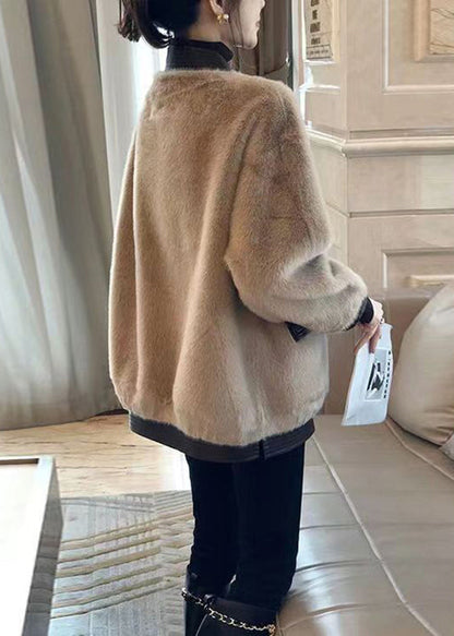 New Khaki Zippered Pockets Patchwork Leather and Fur Coat Winter