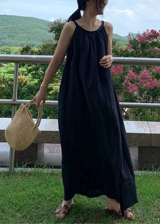 Stylish Black Wrinkled Linen Dress Sleeveless