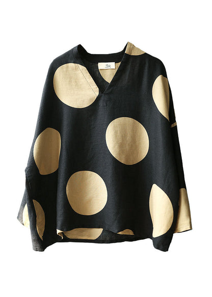 Modern Black V Neck Dot Print Linen Tops Spring