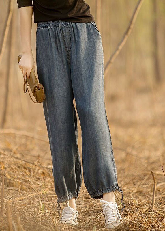 Denim Blue Elastic Waist Drawstring Draping Cotton Beam Pants Trousers Summer