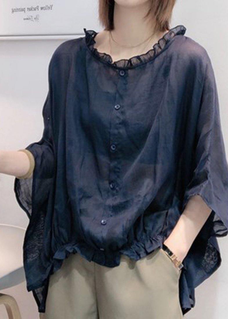 Black Tops Ruffles Trim Half Sleeve Shirts Blouse