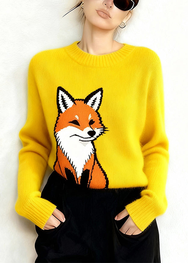 Yellow Oversized Fox Thick Knit Sweaters Winter