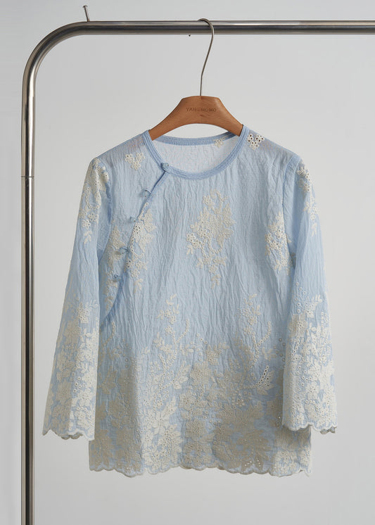 Sky Blue Embroidered Cotton Tops Fall