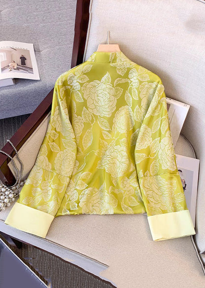 Yellow Tasseled Button Print Silk Coat Fall