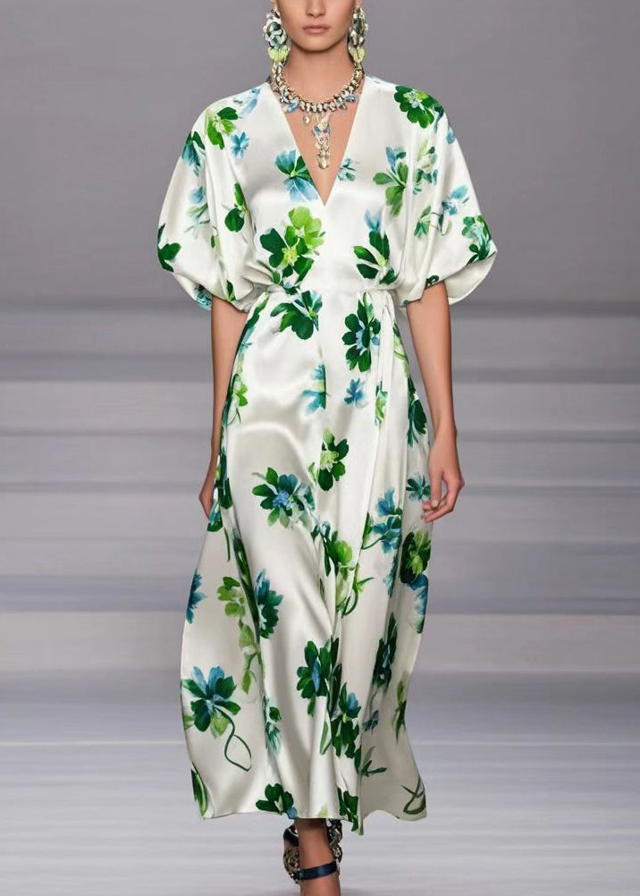 Handmade White V Neck Patchwork Print Silk Dresses Lantern Sleeve Summer