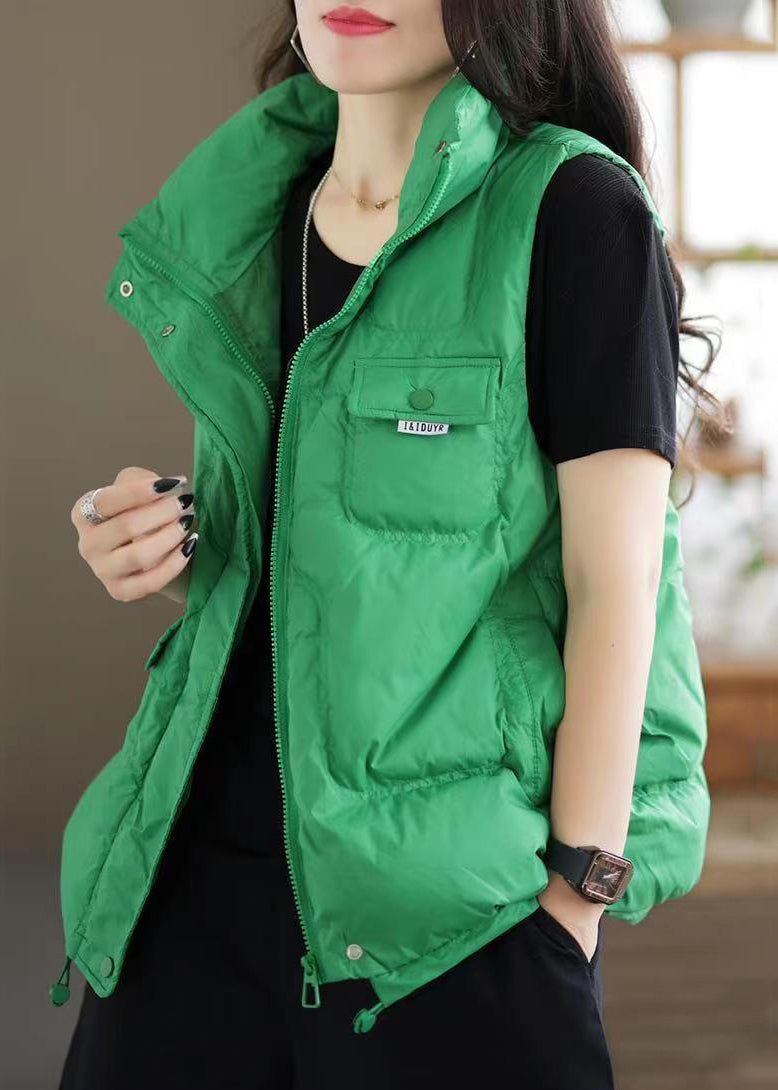 Green Zip Up Pockets Patchwork Duck Down Waistcoat Sleeveless