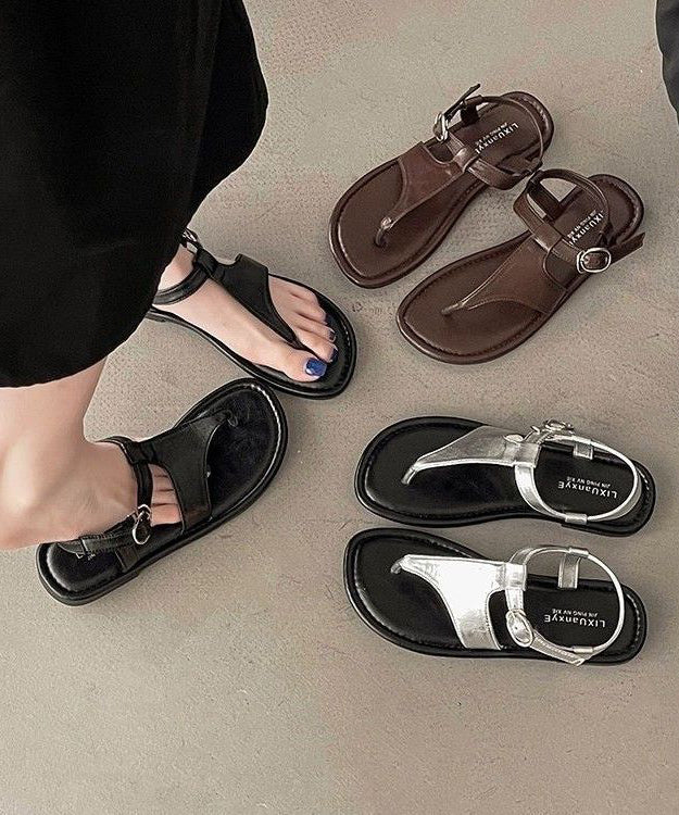 Brown Hollow Out Flip Flops Faux Leather Soft Splicing