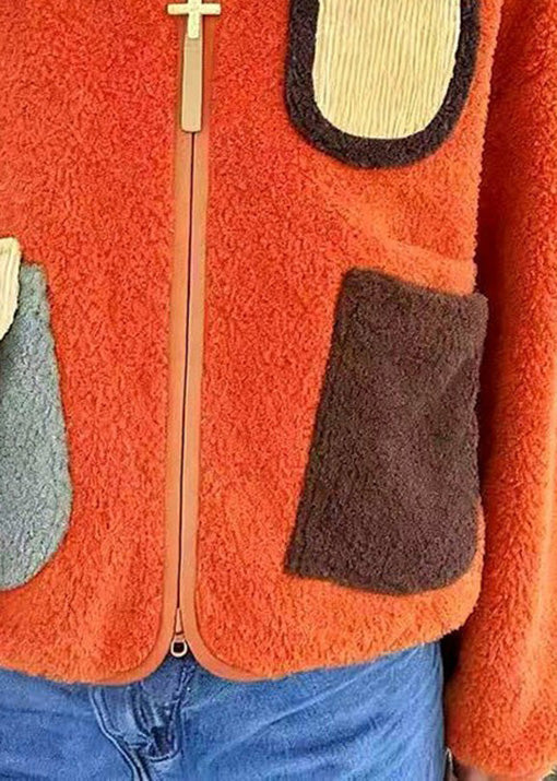 Orange Zip Up Pockets Faux Fur Jacket Spring