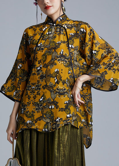 Yellow Stand Collar Button Low High Design Silk Shirts Spring