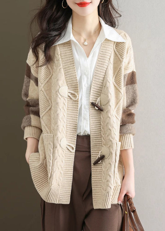 Beige V Neck Button Patchwork Knit Cardigans Fall