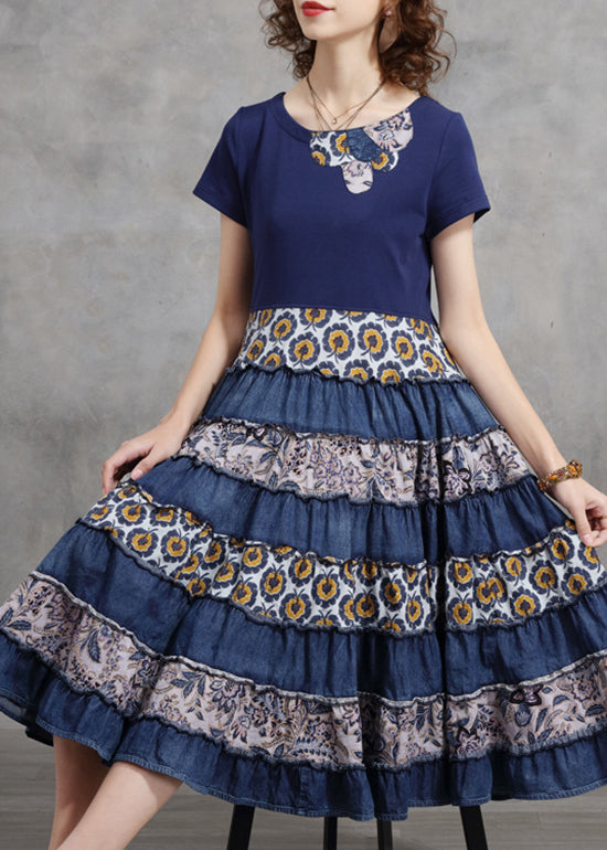 Blue O-neck Cinched Patchwork Cotton Pleated Dresses Short Sleeve