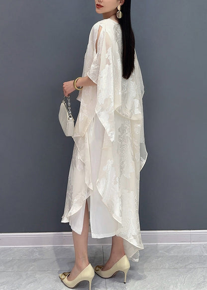 Jacquard White O-neck Silk Long Dress Summer