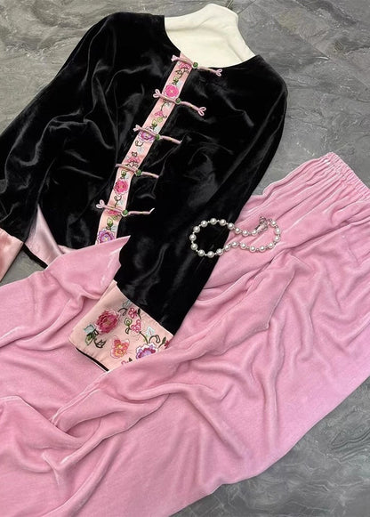 Chinese Style Black Tops and Pink Pants Silk Velour Two Pieces Set Fall