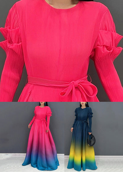 Red O-neck Gradient Color Maxi Dresses Long Sleeve