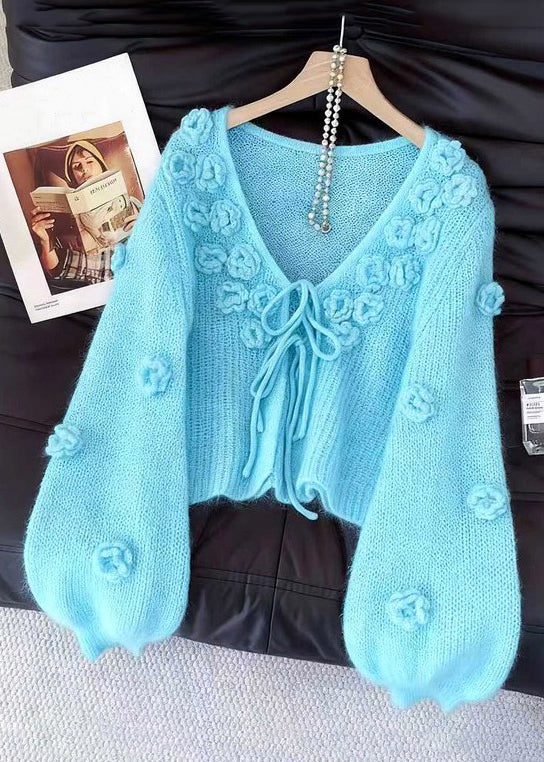 Light Blue Original Design Lace Up Knit Cardigan Fall
