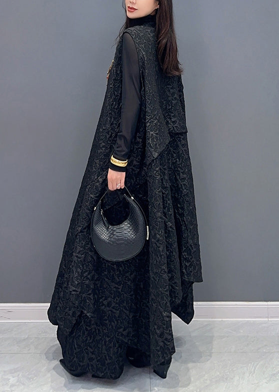 Jacquard Black Asymmetrical Patchwork Waistcoat and Pants Cotton Two Pieces Set Sleeveless Fall