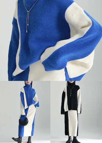 Boutique Blue Hign Neck Knit Tops and Skirts Two Pieces Set Winter