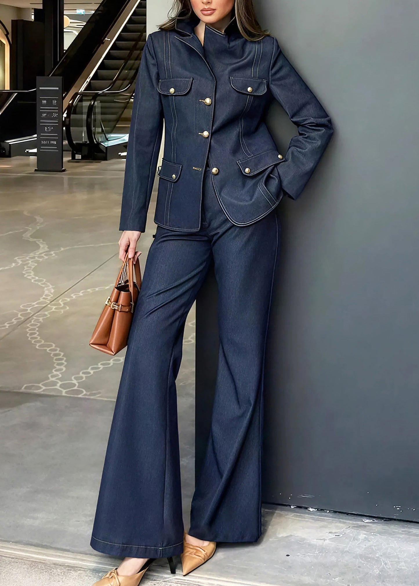 American Style Blue Coat and Pants Denim Two Pieces Set Fall