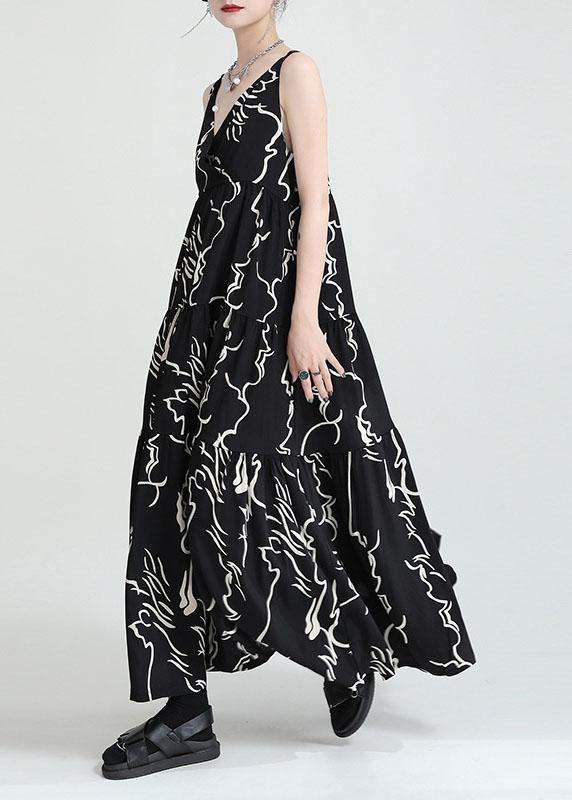 Black Print Asymmetrical Design a Line Dress Sleeveless