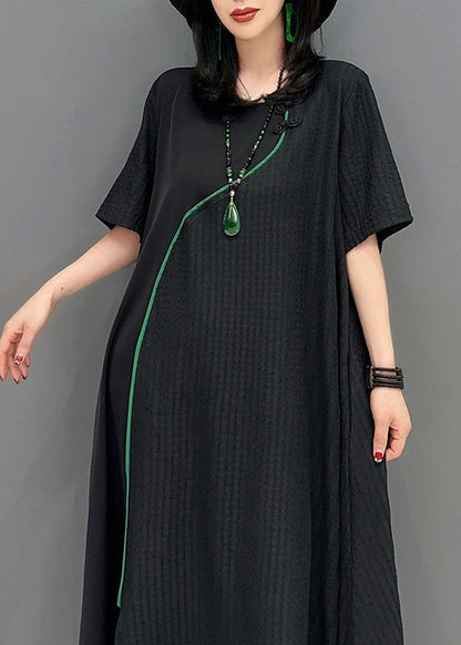 Natural Black O-neck Patchwork Long Dresses Short Sleeve