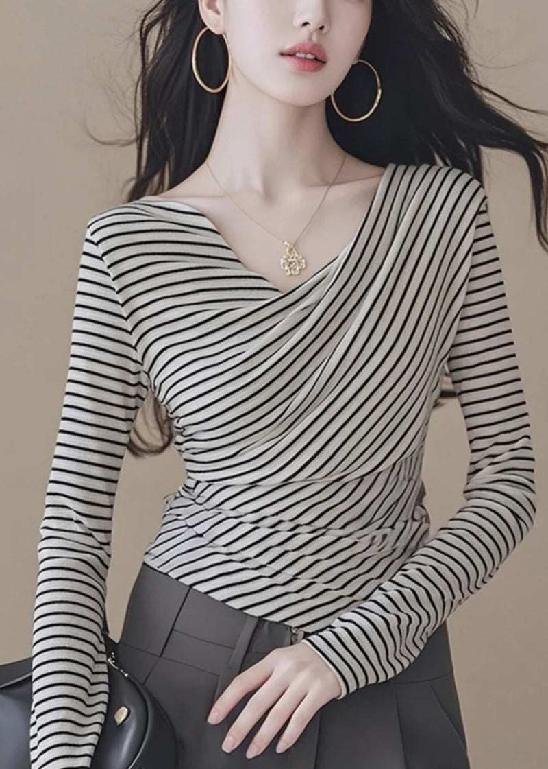 Black White Striped V Neck Tops Spring