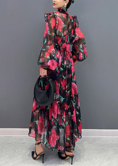 Red Tie Lace Print Chiffon Maxi Dresses Fall