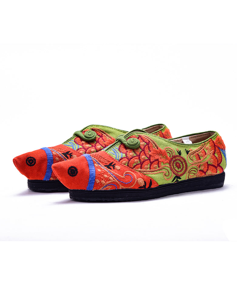 Unique Green Cotton Fabric Flat Shoes for Fish Embroideried Pointed Toe Splicing Flat Shoes