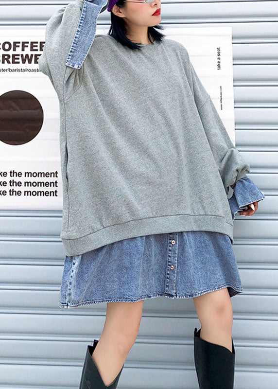 Grey Patchwork Denim Button Fall Sweatshirts Top