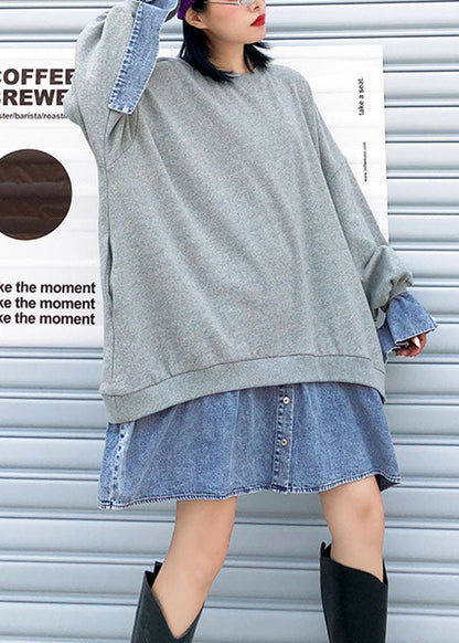 Grey Patchwork Denim Button Fall Sweatshirts Top