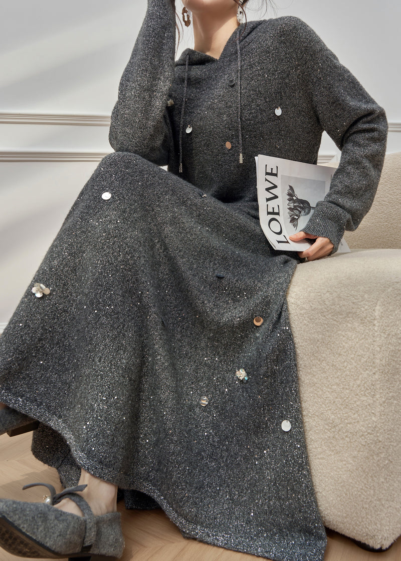 Dark Gray Hooded Sequins Knit Two Pieces Set Winter