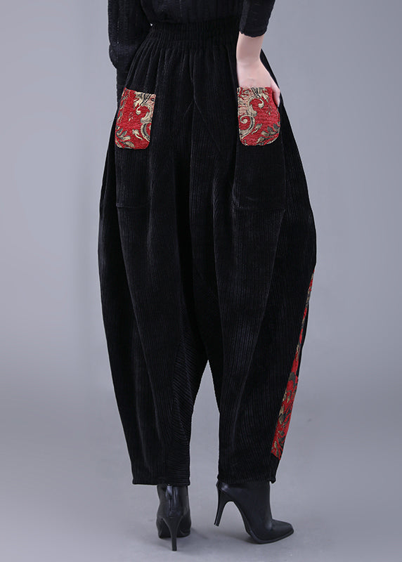 Black Pockets Embroideried Corduroy Lantern Pants Fall