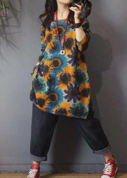 Classy Khaki O-neck Print Side Open Fall Knit Knit Long Sweater