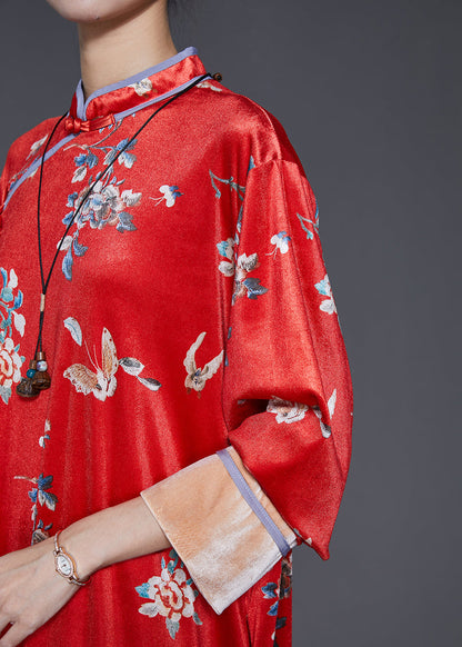 Mulberry Print Silk Velour Chinese Style Dresses Spring