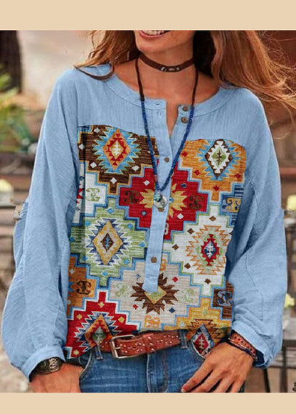 Blue O-neck Button Print Top Long Sleeve